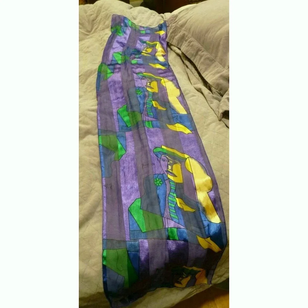 Long rectangle Picasso Cubist Scarf Portrait Purple Yellow sheer stripes 14